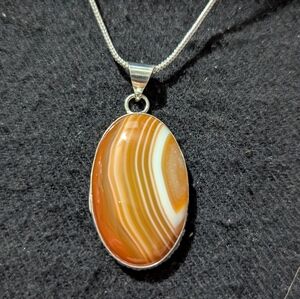 Silver Plated Orange And White Banded Agate Gemstone Pendant Statement Necklace